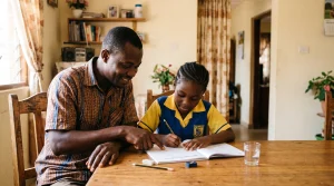 Ghanaian father helping his child with schoolwork at home