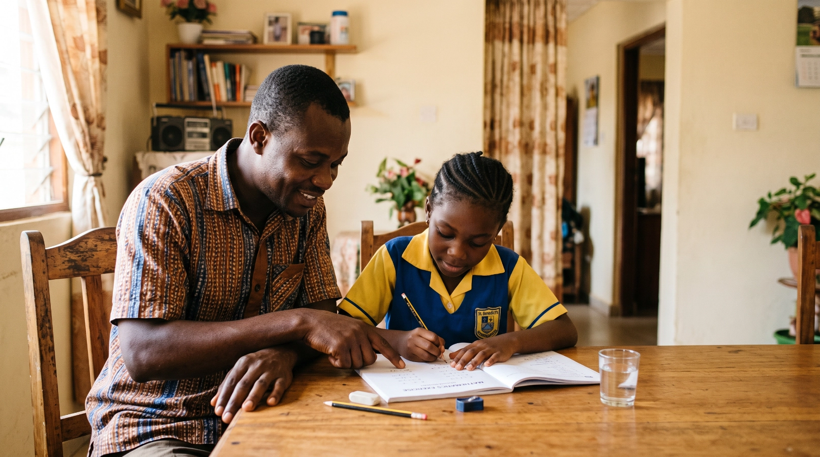Ghanaian father helping his child with schoolwork at home